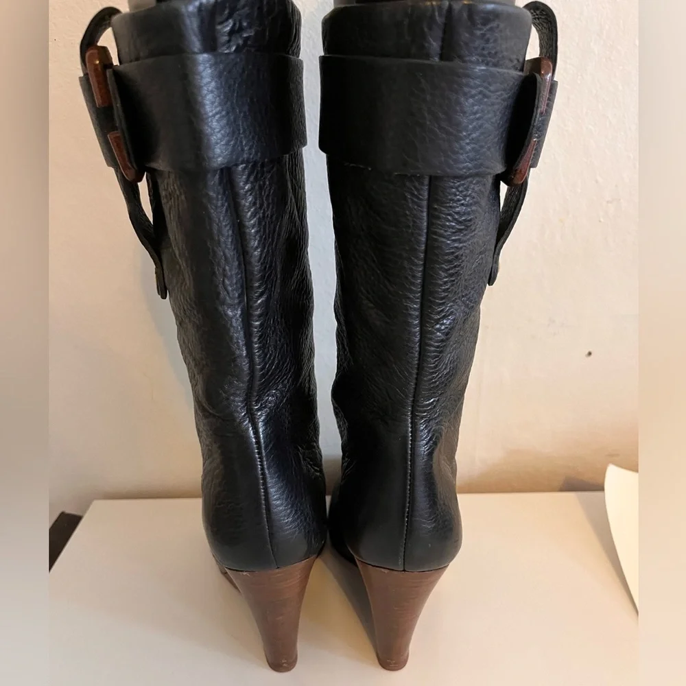 Chloe Black Leather Wedge Heel Mid-calf Boot w Buckle Detail; Size 36 - Picture 2 of 5